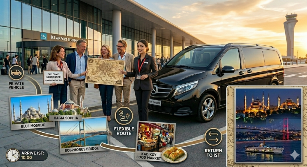Professional female guide at Istanbul Airport with a VIP transfer van and icons of Istanbul highlights like Blue Mosque and Bosphorus.