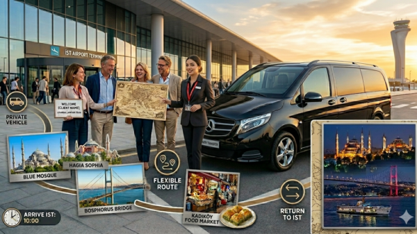 Professional female guide at Istanbul Airport with a VIP transfer van and icons of Istanbul highlights like Blue Mosque and Bosphorus.