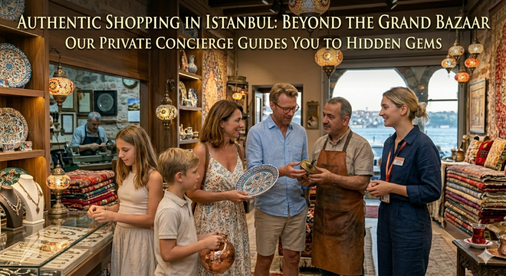 Private tour guide helping a European family shop for authentic Turkish ceramics and textiles in a boutique Istanbul bazaar.