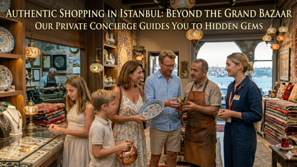 Private tour guide helping a European family shop for authentic Turkish ceramics and textiles in a boutique Istanbul bazaar.