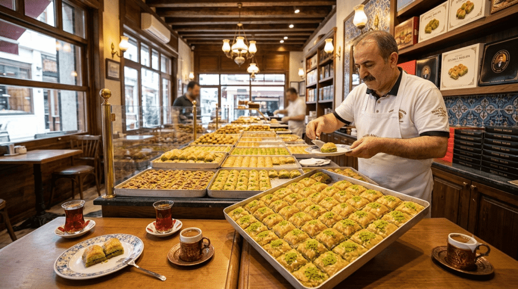 Artisan pastry usta serving authentic istanbul baklava trays inside a traditional Karaköy sweet shop