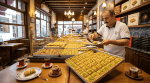 Artisan pastry usta serving authentic istanbul baklava trays inside a traditional Karaköy sweet shop
