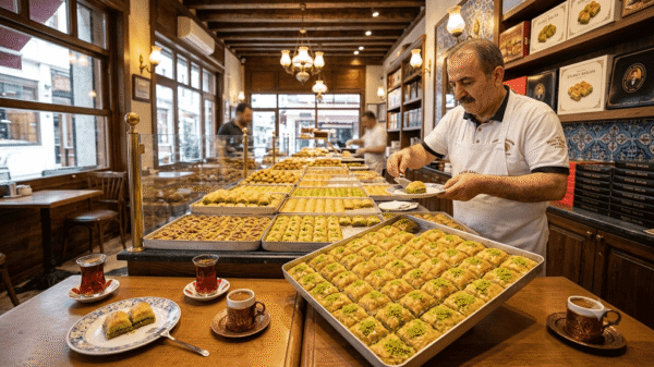 Artisan pastry usta serving authentic istanbul baklava trays inside a traditional Karaköy sweet shop
