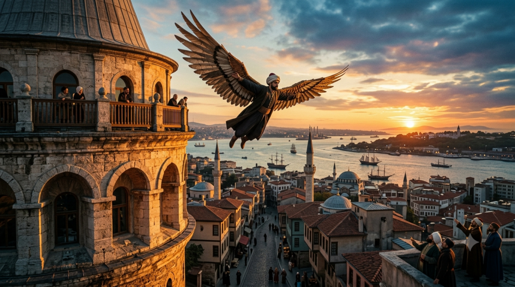 The historic stone Galata Tower standing tall over the city during a vibrant golden hour sunset in Istanbul.
