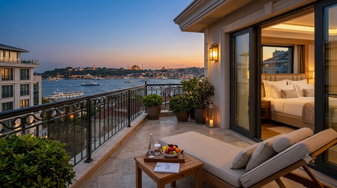 Luxury hotel terrace in Istanbul with Bosphorus view for medical tourism stays