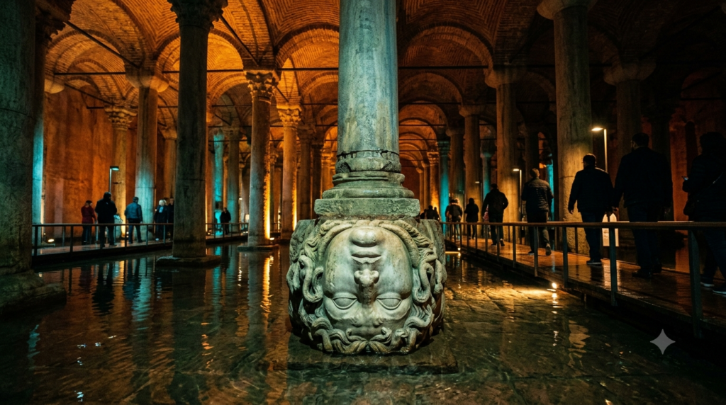 The upside-down stone head of Medusa under a monumental column inside the illuminated Basilica Cistern in Istanbul.
