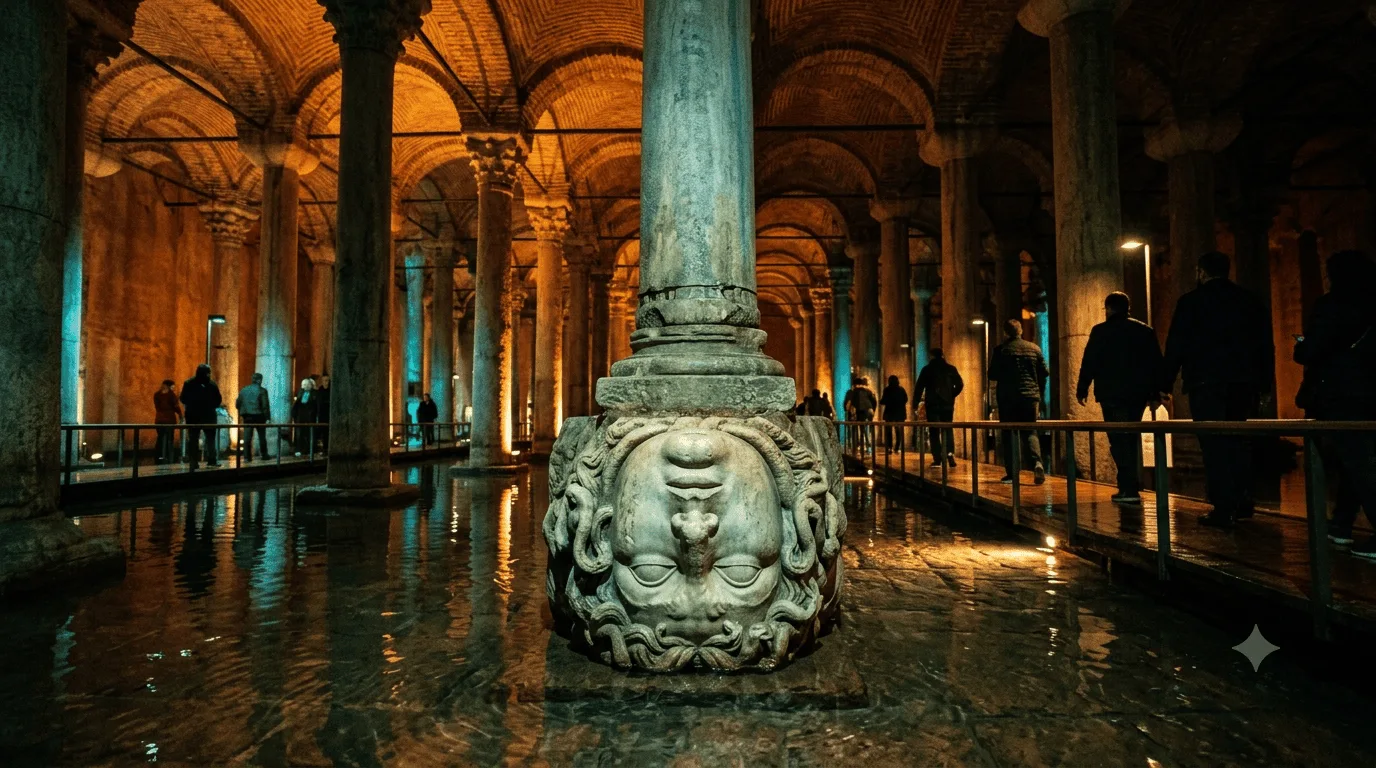 The upside-down stone head of Medusa under a monumental column inside the illuminated Basilica Cistern in Istanbul.