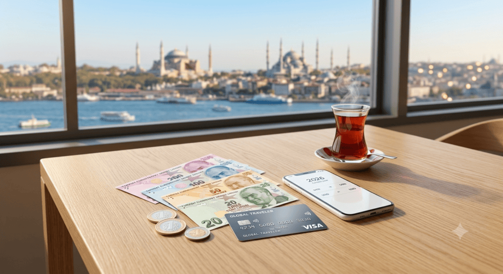 Turkish Lira banknotes, coins, and a credit card on a cafe table with a traditional Turkish tea and Istanbul view.