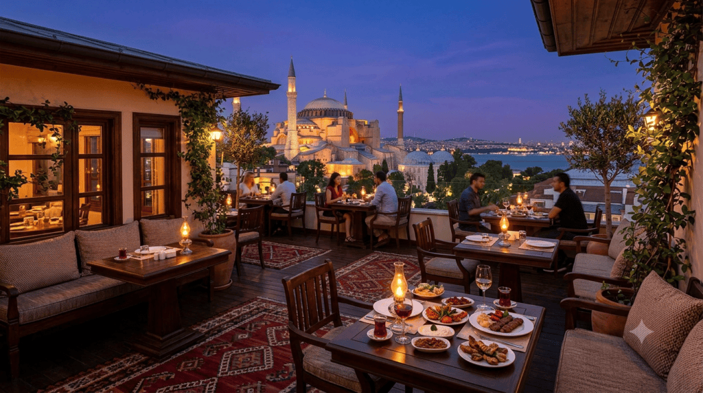 Premium terrace dining at a top Istanbul steakhouse overlooking the historic Hagia Sophia mosque at sunset.