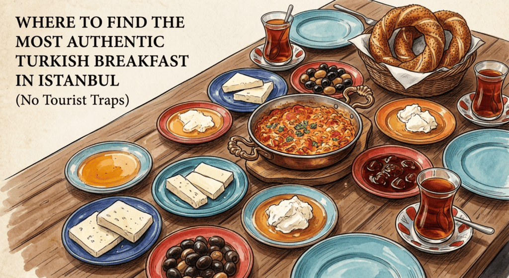 Watercolor illustration of an authentic Turkish breakfast banner with menemen, simit, kaymak, and Turkish tea glasses.